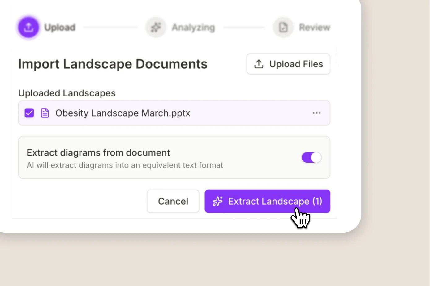 Pharosyn landscape document import interface showing uploaded PowerPoint file