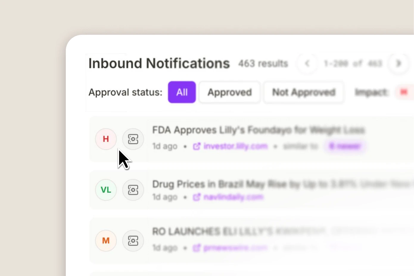 Inbound notifications panel showing prioritised pharmaceutical events