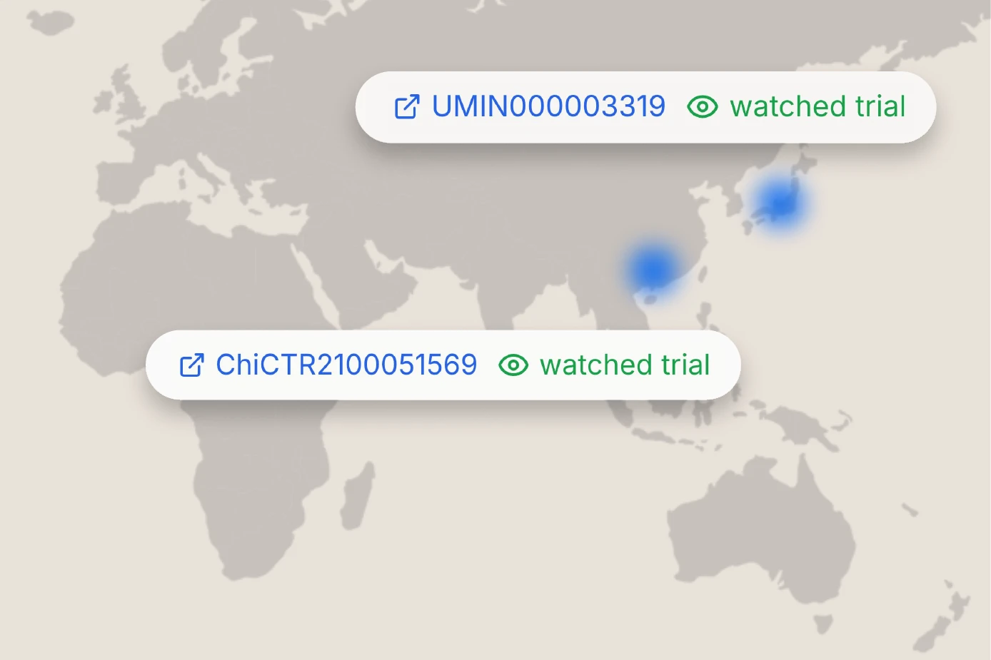 World map showing watched clinical trials across Asia and global geographies