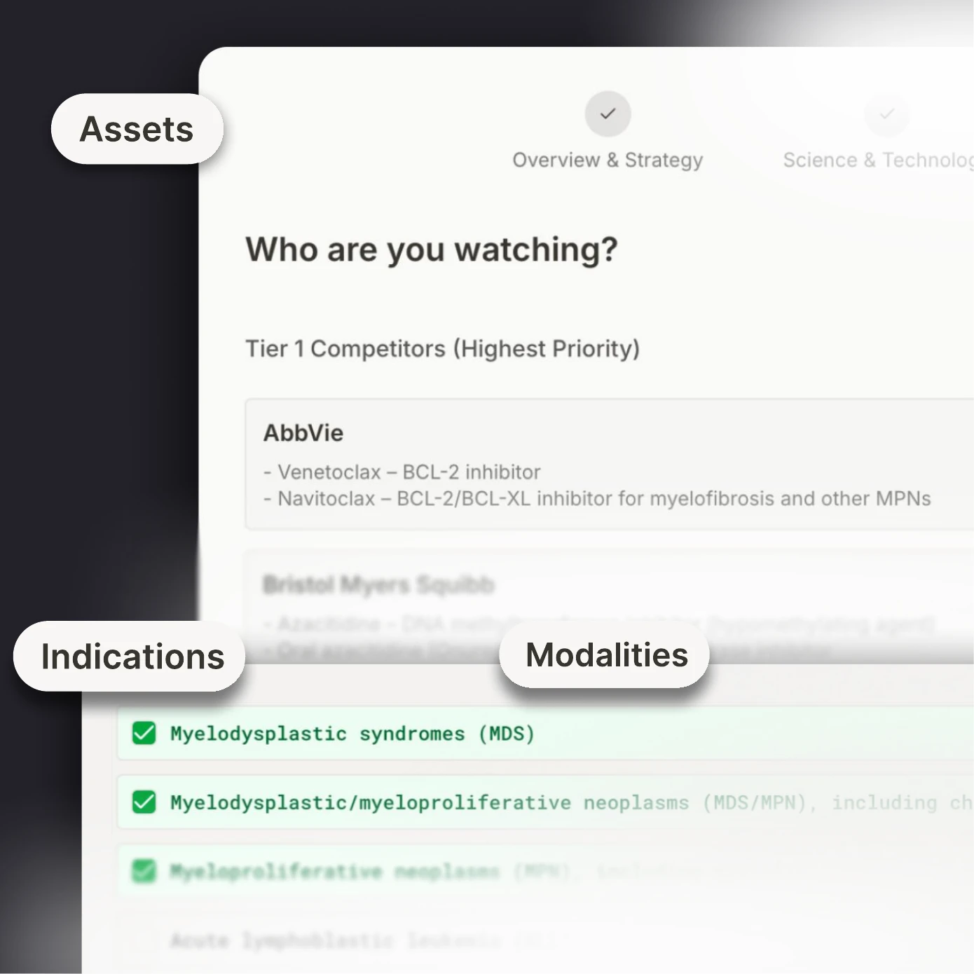 Pharosyn monitoring interests interface showing source chips and interest entries
