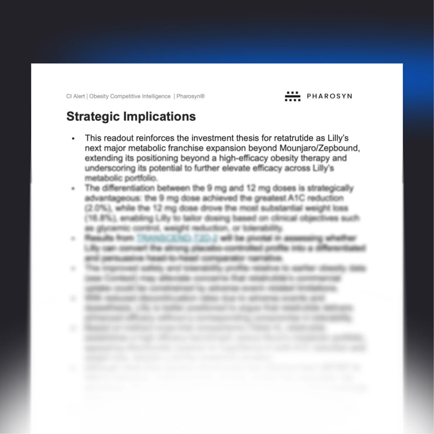 Pharosyn CI intelligence brief showing market, clinical, and regulatory impact ratings